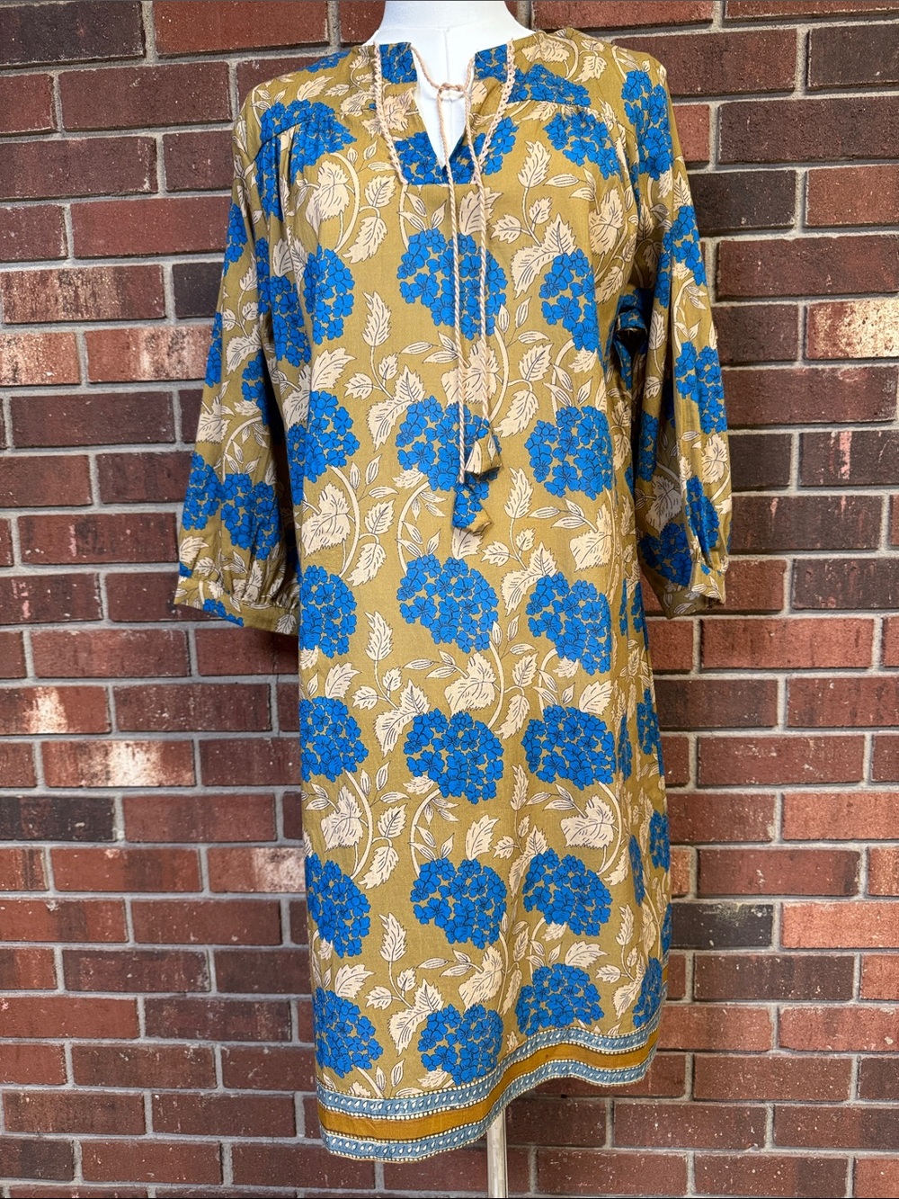 Grace Holiday Floral Tassel Tie Tan & Cobalt Blue Shift Dress Size XS